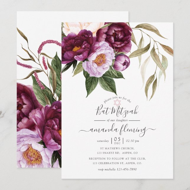 Invitation Bourgogne - Marsala et Bat mitzvah floral Peach (Devant / Derrière)