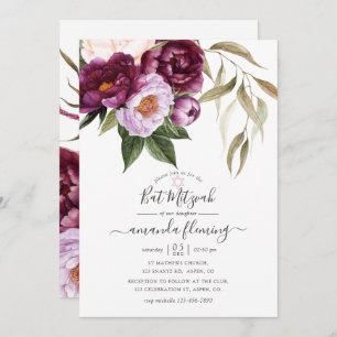 Invitation Bourgogne - Marsala et Bat mitzvah floral Peach