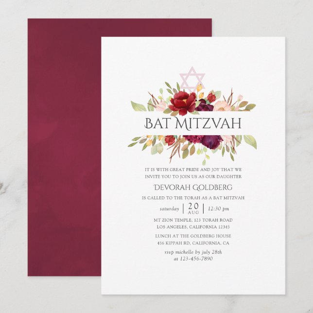 Invitation Bourgogne - Marsala et Blush Floral Bat mitzvah (Devant / Derrière)
