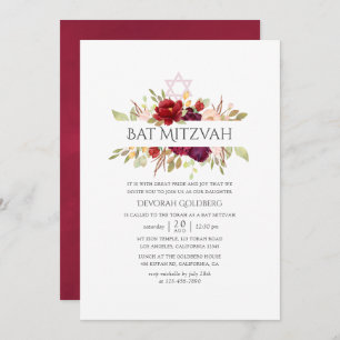 Invitation Bourgogne - Marsala et Blush Floral Bat mitzvah