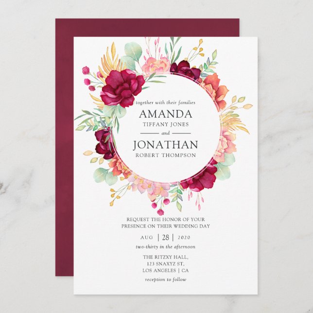 Invitation Bourgogne - Marsala et Blush Floral Mariage (Devant / Derrière)