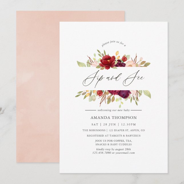 Invitation Bourgogne - Marsala et Blush Floral Sip et Voir (Devant / Derrière)