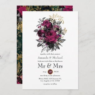 Invitation Bourgogne - Marsala et Gold Floral Mariage