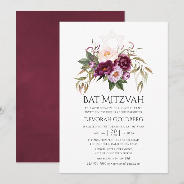 Invitation Bourgogne - Marsala et Peach Bat mitzvah (Devant / Derrière)