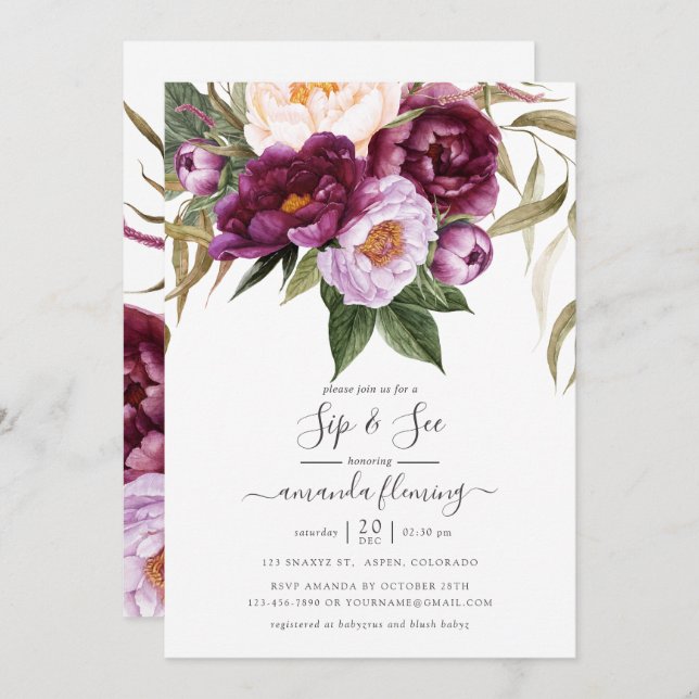 Invitation Bourgogne - Marsala et Peach Floral Sip et Voir (Devant / Derrière)