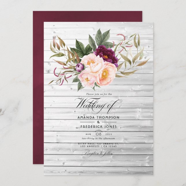 Invitation Bourgogne - Marsala et Peach Rustic Floral Mariage (Devant / Derrière)