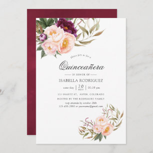 Invitation Bourgogne - Marsala et Pêche Floral Quinceañera