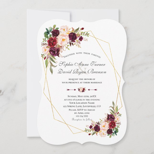 Invitation Bourgogne Marsala Fleurs Mariage Gold Frame (Devant)