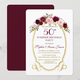 Invitation Bourgogne Marsala Floral 50e Surprix Anniversaire