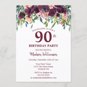Invitation Bourgogne Marsala Floral 90e anniversaire