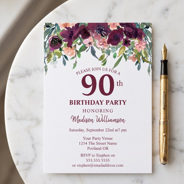 Invitation Bourgogne Marsala Floral 90e anniversaire (Créateur téléchargé)
