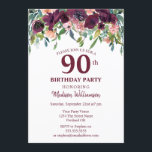 Invitation Bourgogne Marsala Floral 90e fête d'anniversaire<br><div class="desc">Design d'aquarelle fleurie moderne en Bourgogne Marsala avec feuilles bleu vert. Il s'agit d'un modèle prêt pour vous à ajouter les détails de votre fête à. Si vous souhaitez modifier la couleur ou le style de la police,  cliquez sur customiser plus loin à la fin du modèle.</div>