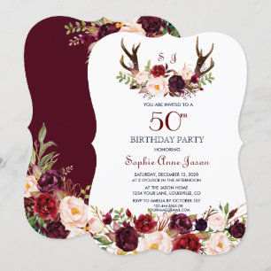 Invitation Bourgogne Marsala Floral Antlers 50e anniversaire