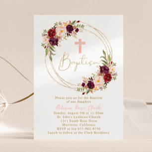 Invitation Bourgogne Marsala Floral Baptism Gold Frame