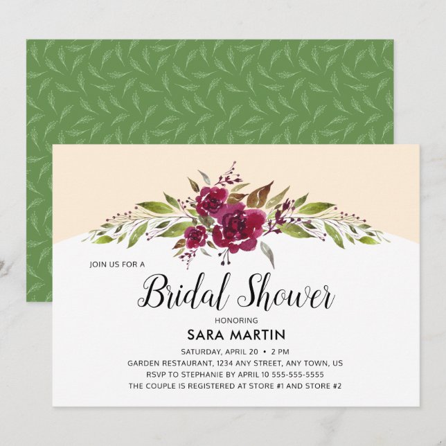 Invitation Bourgogne Marsala Floral et Verdure | Bridal Show (Devant / Derrière)