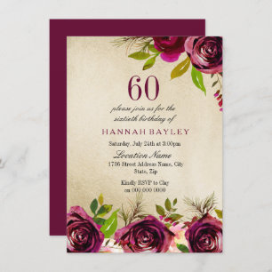 Invitation Bourgogne Marsala Floral Gold 60e anniversaire Inv