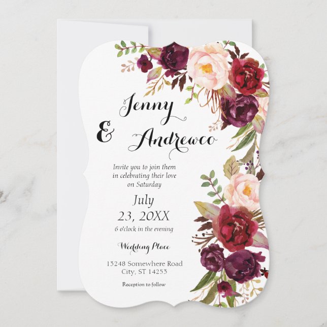 Invitation Bourgogne Marsala Floral Mariage 2 Blanc (Devant)