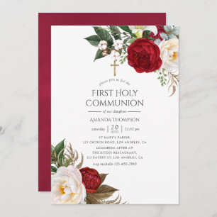 Invitation Bourgogne - Marsala Floral Première Communion Sain