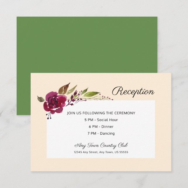 Invitation Bourgogne Marsala Floral | Réception de Mariage (Devant / Derrière)