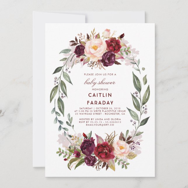Invitation Bourgogne - Marsala Floral Wreath Baby shower (Devant)