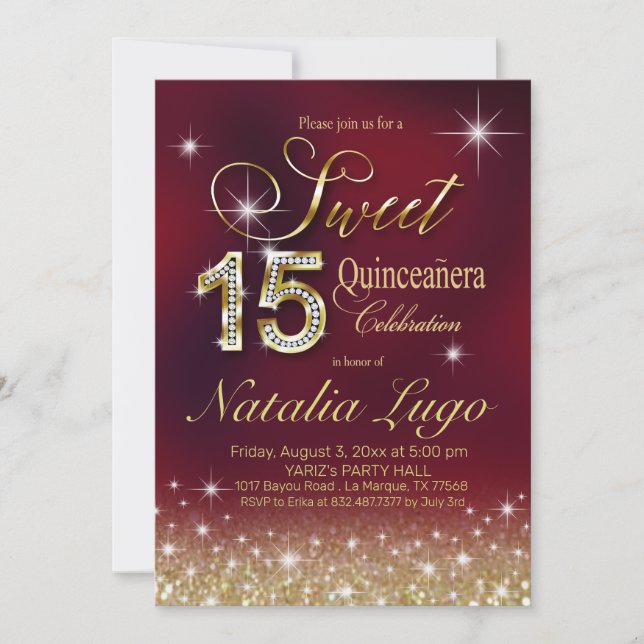 Invitation Bourgogne Marsala Gold Parties scintillant Sweet 1 (Devant)