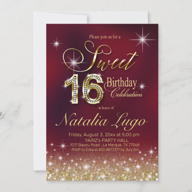 Invitation Bourgogne Marsala Gold Parties scintillant Sweet 1 (Devant)