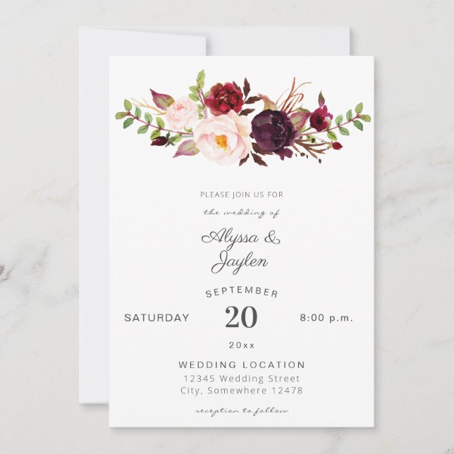 Invitation Bourgogne Marsala rose Mariage floral 2 blanc (Devant)