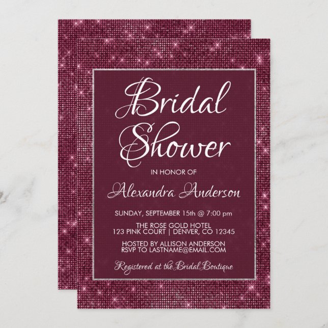Invitation Bourgogne Marsala Sparkle nuptiale de douche Invit (Devant / Derrière)