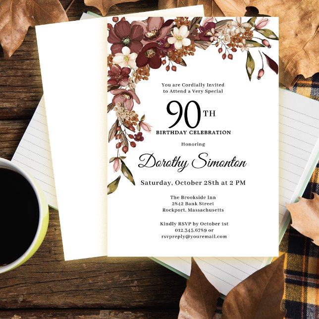 Invitation Bourgogne Mauve Fleurs d'automne d'ivoire 90e anni (Need matching party supplies? Message me!)