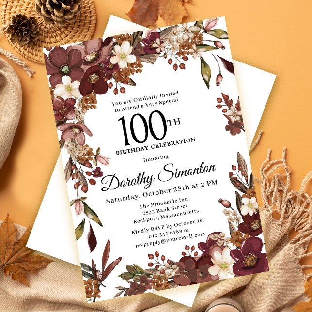 Invitation Bourgogne Mauve ivoire automne floral 100e anniver (Need a matching fall welcome sign? Party supplies. Message me!)