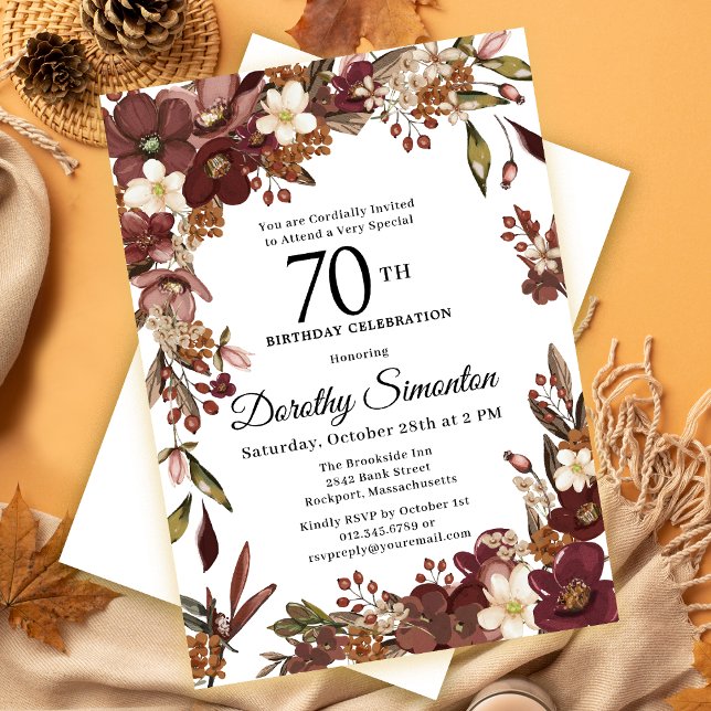 Invitation Bourgogne Mauve ivoire automne floral 70e annivers (Need a matching autumn Welcome sign? Party supplies. Message me!)