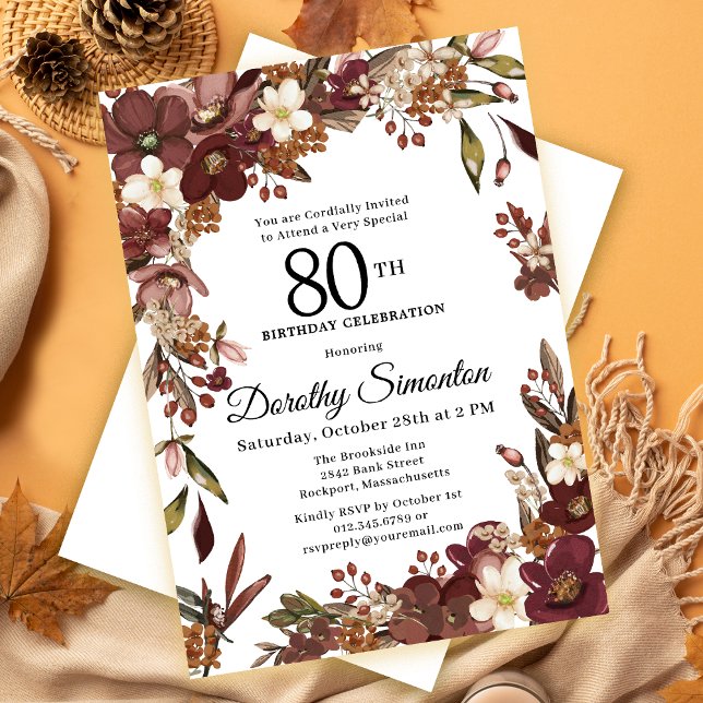 Invitation Bourgogne Mauve ivoire automne floral 80e annivers (Need a matching fall welcome sign? Party supplies. Message me!)