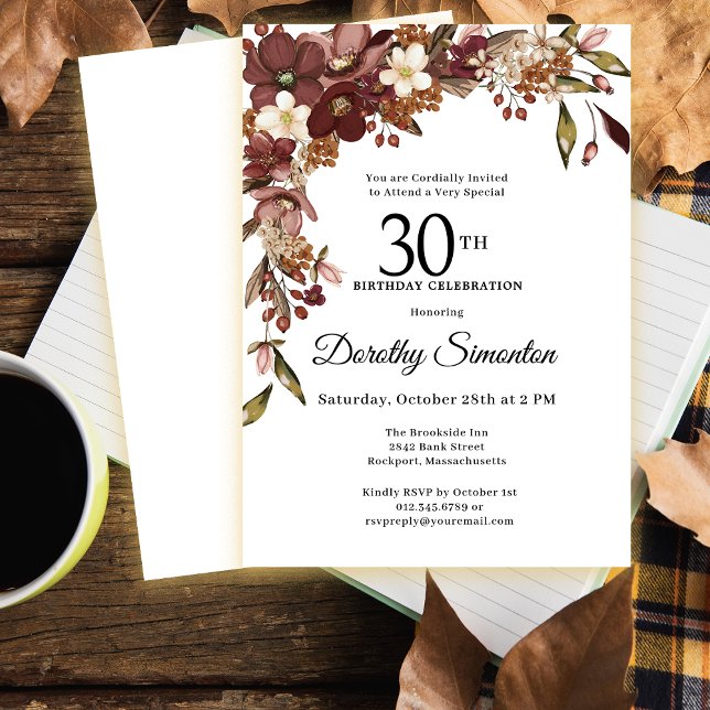 Invitation Bourgogne Mauve Ivory Fall Flowers 30e anniversair (Need matching fall party supplies? Message me!)
