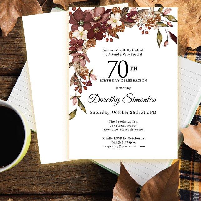 Invitation Bourgogne Mauve Ivory Fall Flowers 70e anniversair (Need matching fall floral party supplies? Message me!)