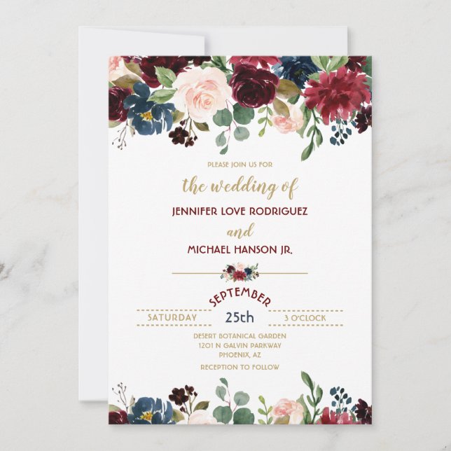 Invitation Bourgogne Merlot & Fleurs de mariage bleu marine e (Devant)