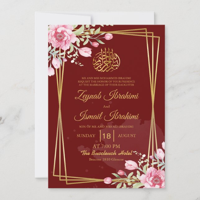 Invitation Bourgogne Moderne, chic Floral musulman Mariage mu (Devant)