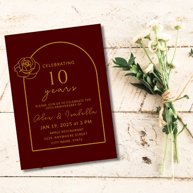 Invitation Bourgogne moderne et or 10e anniversaire Mariage (Modern burgundy and gold 10th year wedding anniversary invitation for party invite)