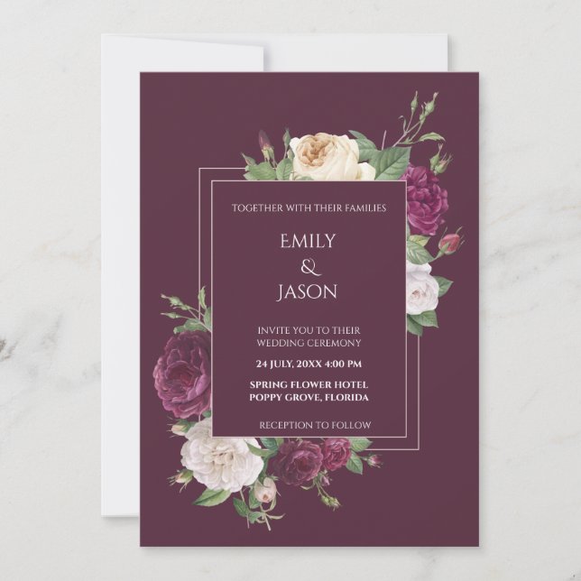 Invitation Bourgogne Moderne et Pivoines Blanches (Devant)