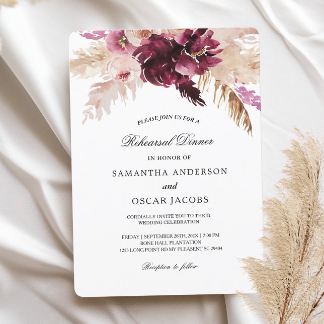 Invitation Bourgogne Moderne Fleurs Roses Blush  (Créateur téléchargé)