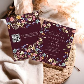 Invitation Bourgogne moderne QR Code Fleur sauvage Mariage