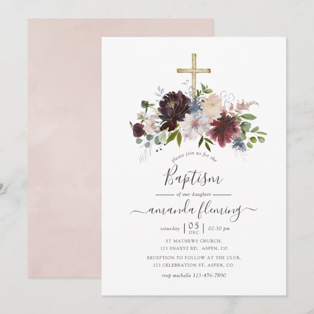 Invitation Bourgogne, Navy et Floral Baptême Blush (Devant / Derrière)