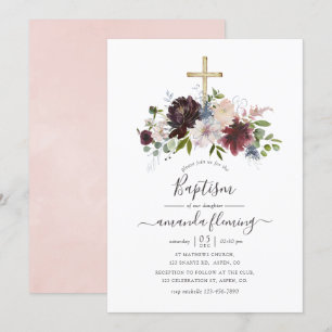Invitation Bourgogne, Navy et Floral Baptême Blush