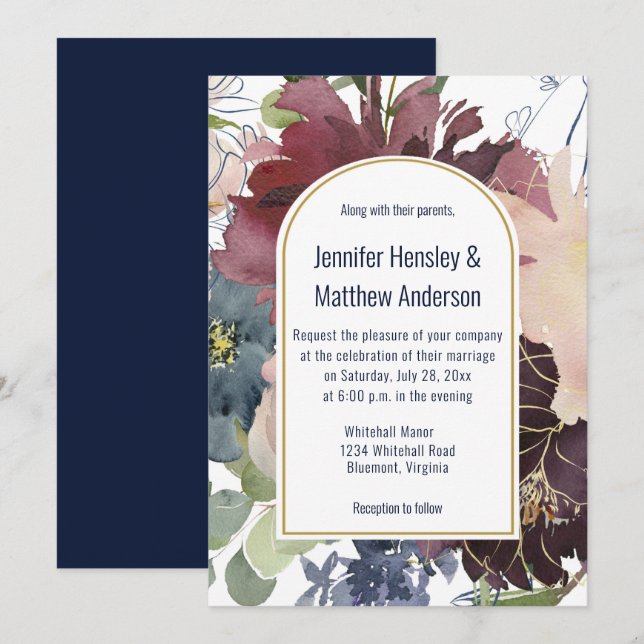 Invitation Bourgogne, Navy, Rose, et Fleurs Mariage Or | (Devant / Derrière)