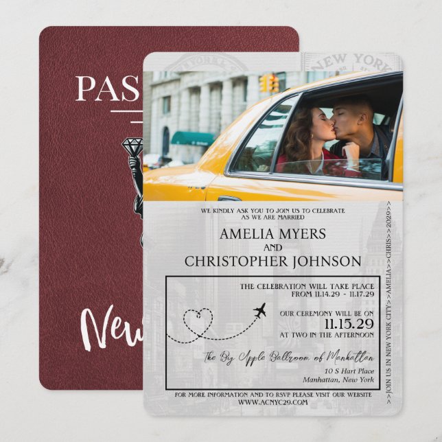 Invitation Bourgogne New York City Passport Mariage (Devant / Derrière)