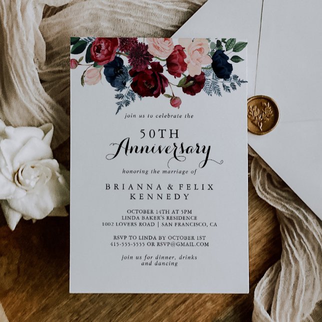Invitation Bourgogne Noces de Mariage 50 Ans Fleur Navy  (Créateur téléchargé)