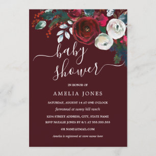 Invitation Bourgogne Noël Aquarelle Baby shower Floral