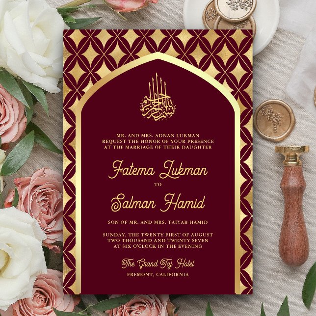Invitation Bourgogne Or Diamants Arche Musulmane Mariage (Créateur téléchargé)
