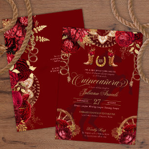Invitation Bourgogne & Or Floral Elegant Charro Quinceanera