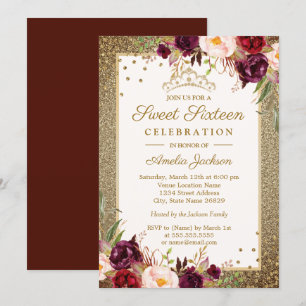 Invitation Bourgogne Or floral Sweet sixteen étincelant