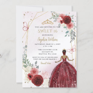 Invitation Bourgogne Or Floral Tan Princess Sweet 16